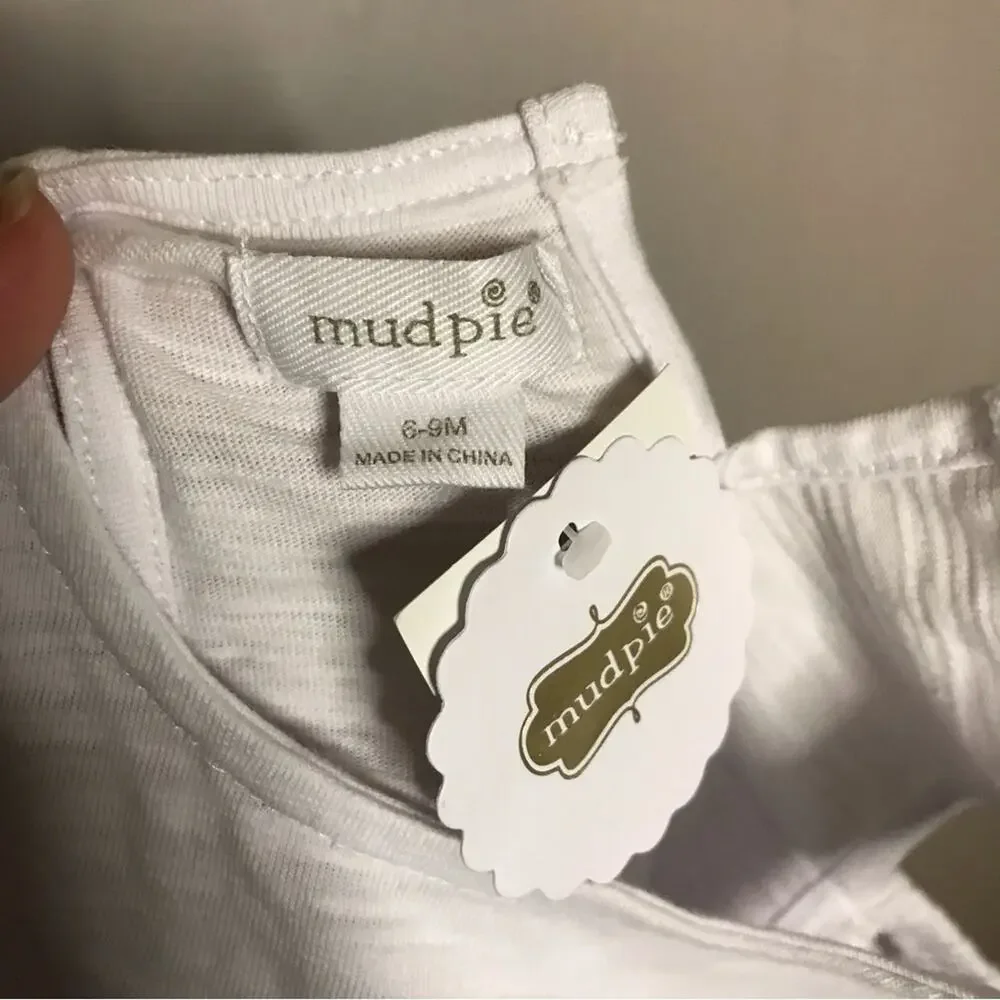 NEW Mudpie “encanto” Pinafore white multicolor Tassel cold shoulder top 6-9 mths